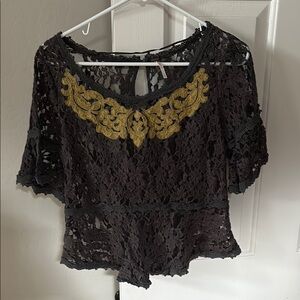 Free People Elegant Black Lace Top with Gold Detailing